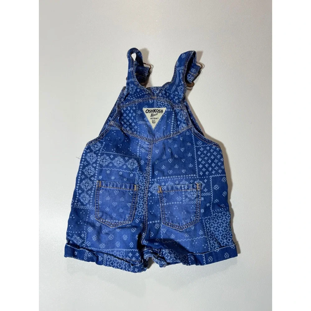 OshKosh Shortalls Baby 6M Blue Excellent Bandana Paisley Heart Print Denim